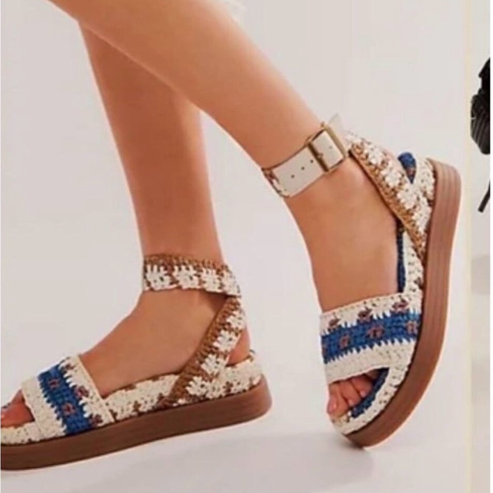 Free People Women's Crochet Sandals - Blue, White, and Brown. Wrap around ankle.
